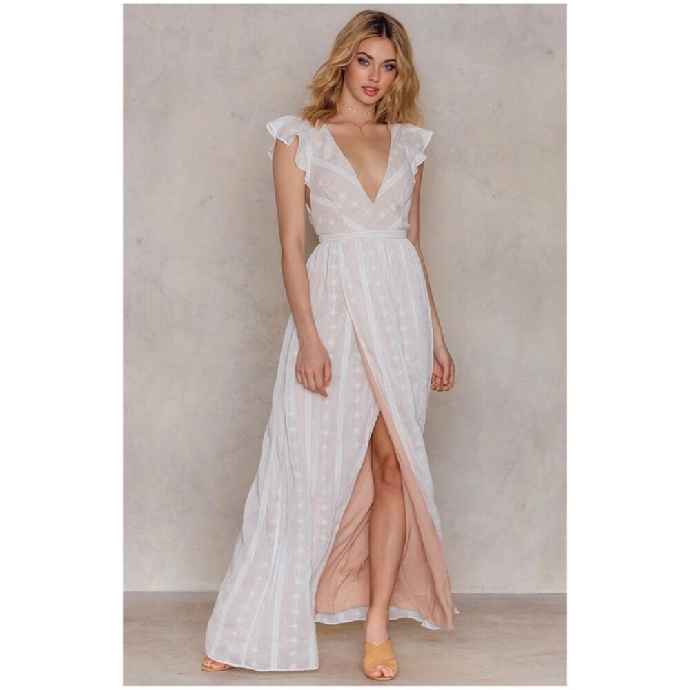 The Jetset Diaries Sz L Embroidered Maxi Dress Chiffon Plunging Neckline Pink